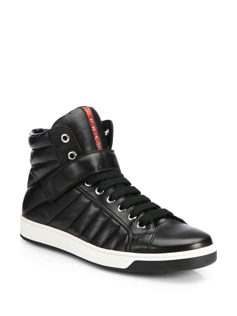 prada sport black leather high top sneakers|prada high top sneakers men.